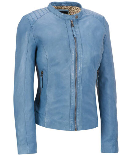 Women Blue Biker Leather jacket