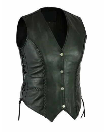 New Women’s Ladies Vintage Motorcycle Gilet Biker Real Leather Waistcoat Vest