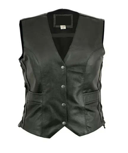 Womens Ladies Leather Waistcoat Motorcycle Biker Motorbike Fitted Cut With Laces